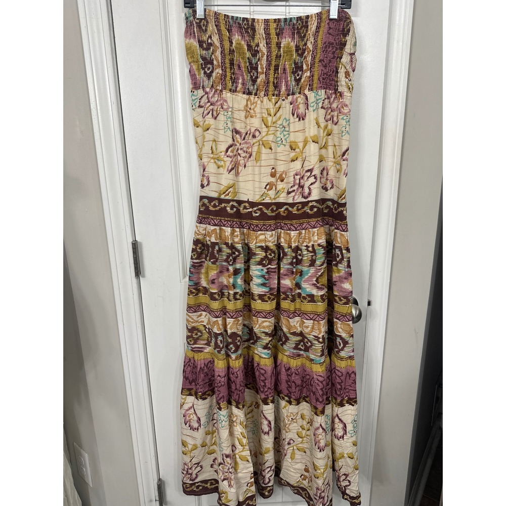 Y2K Vintage Strapless Smocked Maxi Dress Boho Floral 70s Retro Tiered Cotton